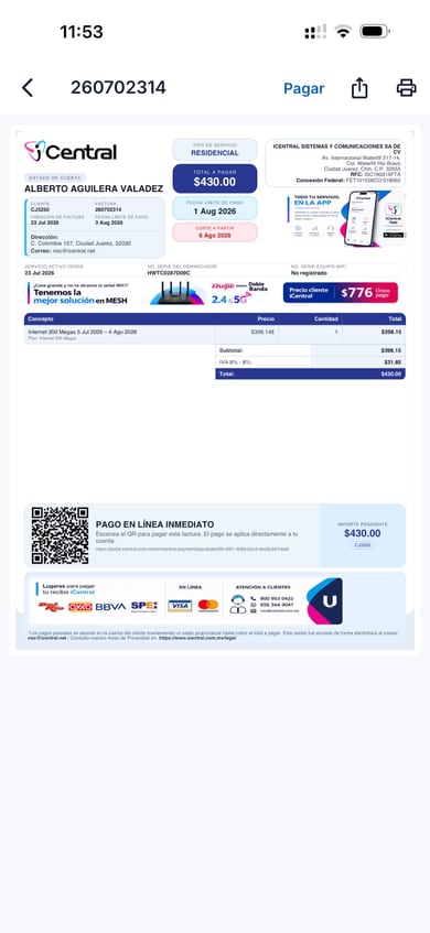 Factura en la app iCentral.